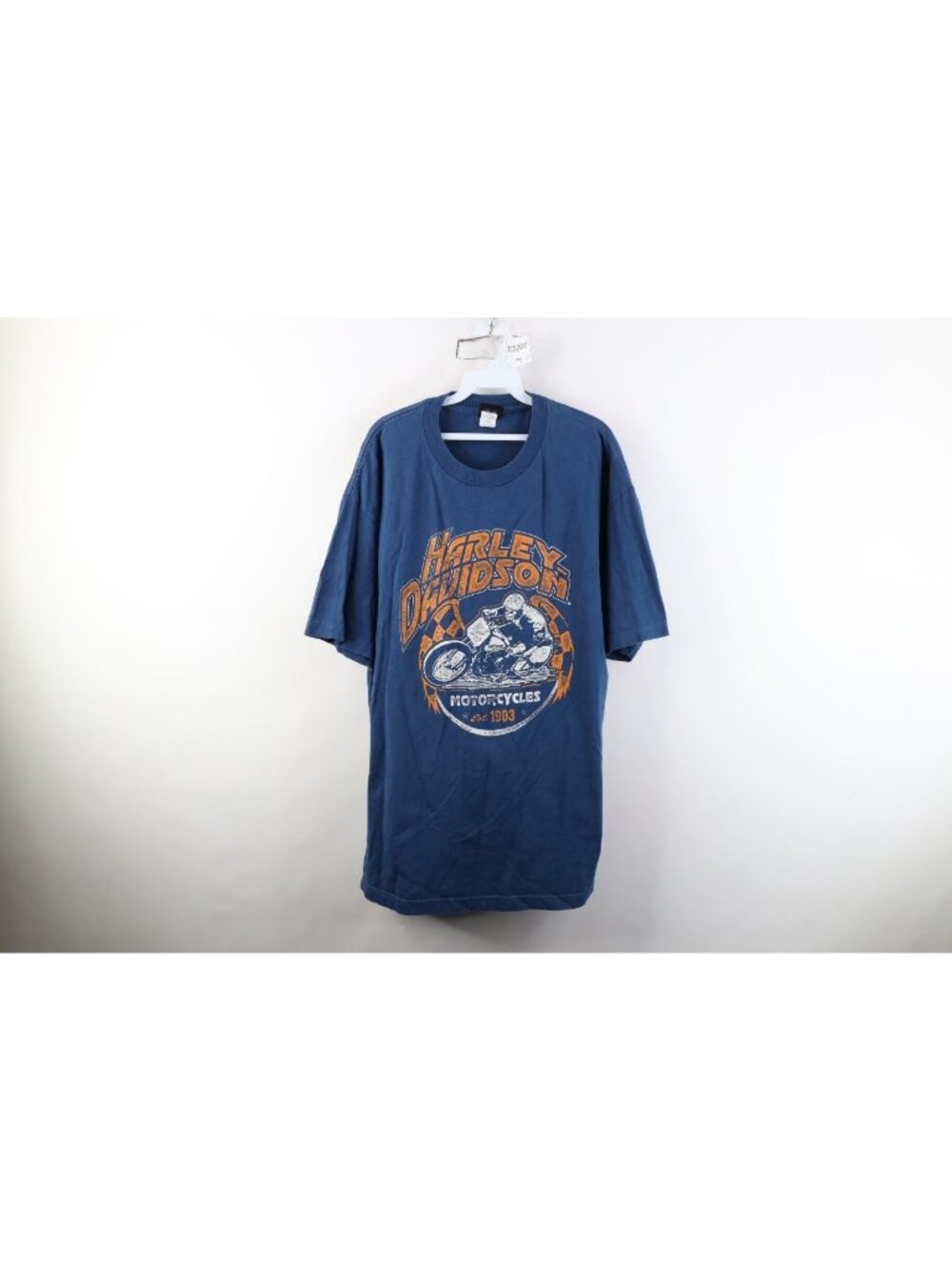 Vintage Y2K Harley Davidson Mens XL Faded Spell Out Skeleton Racing T-Shirt Blue